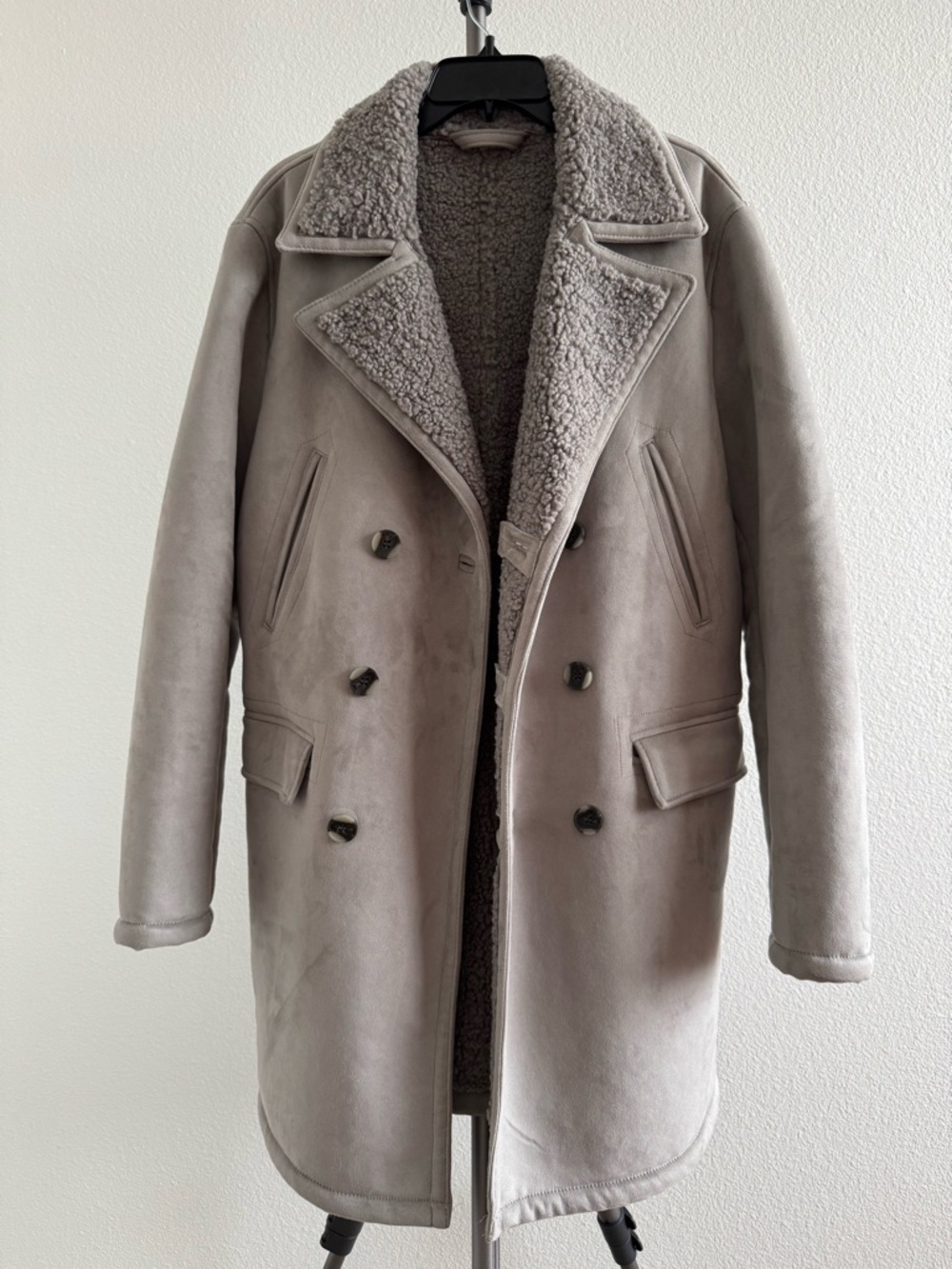 Zara Double-Breasted Shearling Pea Coat in Light Gray